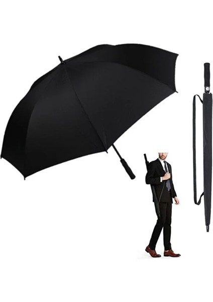 8 Sert Plastik Tel Siyah Protokol Şemsiyesi 95 cm Sırt Askılı Kılıflı