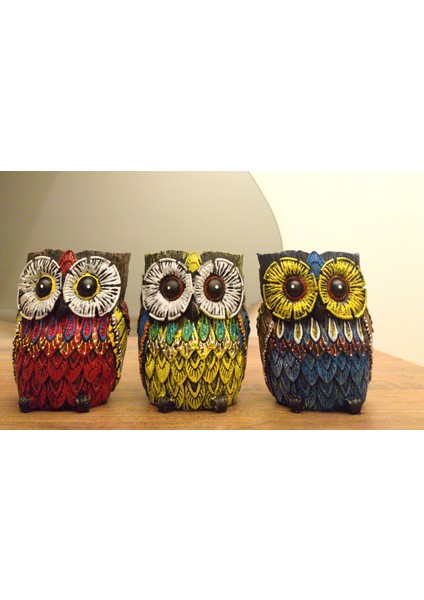 Renkli Motifli Dekoratif Üçlü Baykuş Biblo Ev Dekor Tasarım Hediyelik