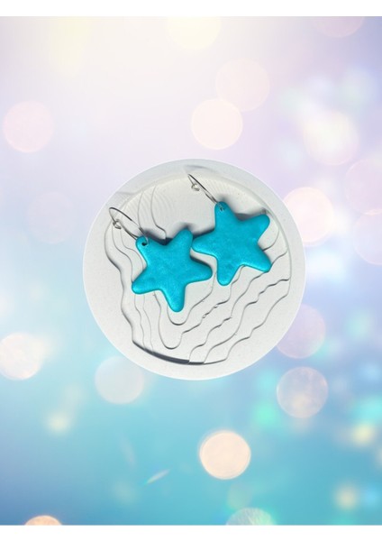 Muffyclay Özel Tasarım, Polimer Kil Halka Mavi Yıldız Küpe - Starlight