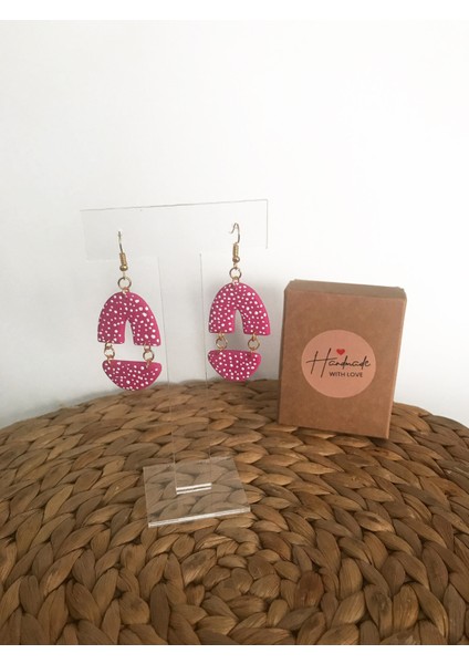 Muffyclay Özel Tasarım, El Yapımı Polimer Kil Puantiyeli Pembe Sallantılı Küpe fiyatları