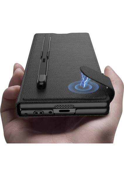 Galaxy Z Fold 6 Suni Deri Tasarımlı Kalem Bölmeli Aden Kıpta Kartlıklı Standlı Kapak-Siyah Litchi modelleri