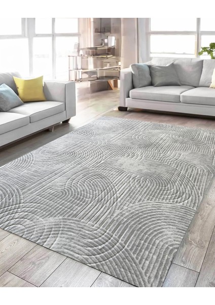 Yıkanabilir Leke Tutmaz Kaymaz Tabanlı Kesme Kabartmalı Salon Koridor Mutfak Halısı Gri