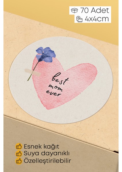 Best Mom Ever Temalı Sticker Paketleme Kargo Ambalaj Etiketi - 4X4CM 70 Adet