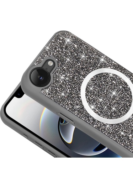 iPhone 16E Kılıf Pırlanta Tasarımlı M-Safe Şarj Özellikli Aden Mozaik Silikon Kapak - Siyah