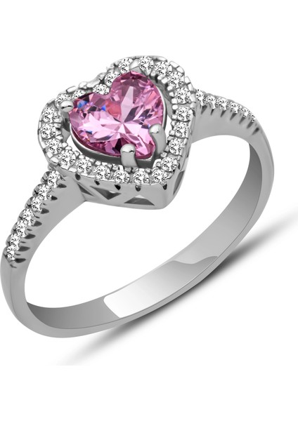 Gümüş Pembe Taşlı Kalpli Kadın Yüzük