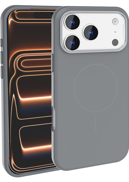 iPhone 17 Pro Kılıf M-Safe Şarj Özellikli Metal Kamera Çerçeveli Aden Edi Silikon Kapak - Titanyum-G
