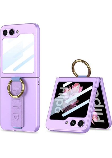 Galaxy Z Flip 6 Kılıf Kamera Korumalı Yüzüklü Aden Flip Ring Kıpta Kapak-Mor