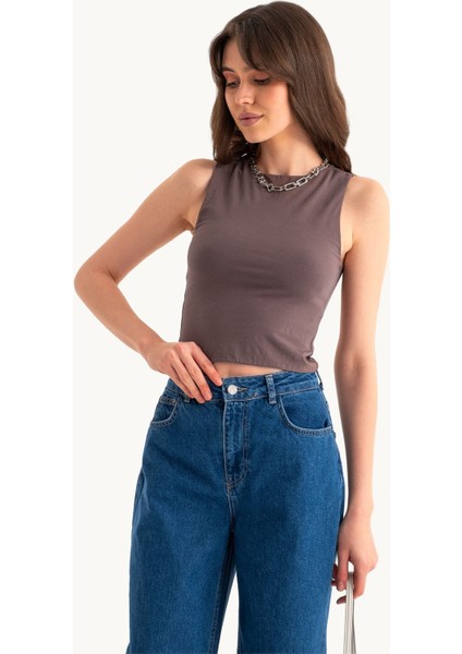 Kadın Yuvarlak Yaka Temel Askılı Atlet Brown