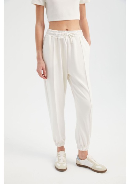 Kadın Yüksek Bel İpi Büzgülü Dar Paça Pantolon Beyaz