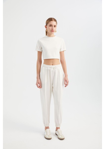 Kadın Yüksek Bel İpi Büzgülü Dar Paça Pantolon Beyaz