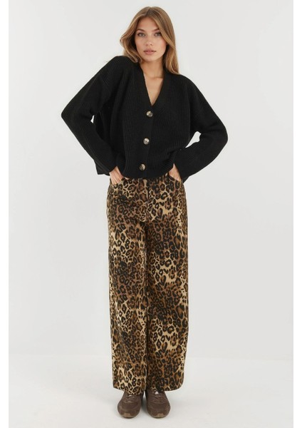 Kadın V Yaka Düğmeli Oversize Triko Hırka Black