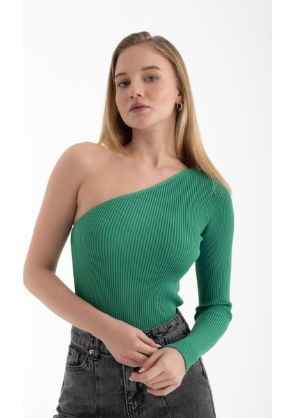 Kadın Tek Omuzlu Örme Nervürlü Bluz Green