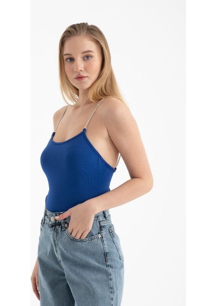 Kadın Scoop Yaka Elmas Kayışlı Vücut Blue