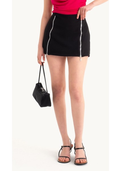 Kadın Orta Yükseklikte Fermuarlı Mini Etek Black