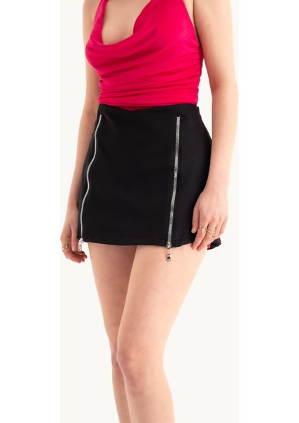 Kadın Orta Yükseklikte Fermuarlı Mini Etek Black