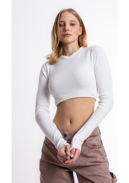 Kadın Yuvarlak Yakalı Fitilli Kırpılmış Kazak White