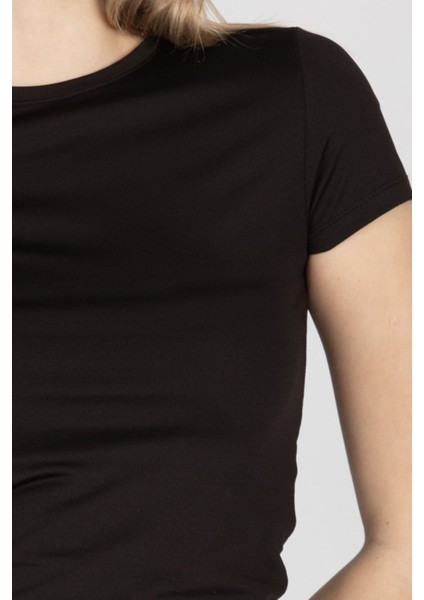 Kadın Bisiklet Yaka Temel Tişört Siyah