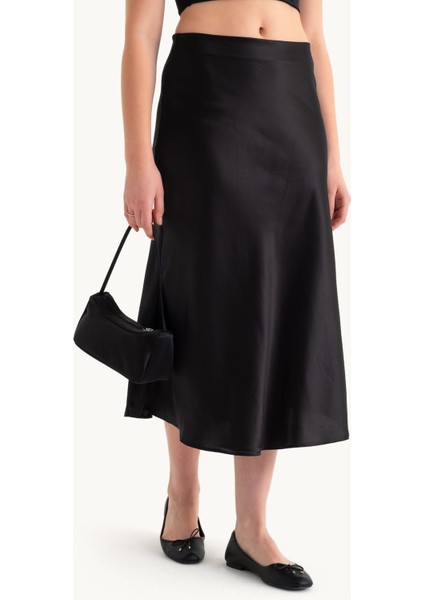 Kadın Kahverengi Saten Yüksek Bel Midi Etek Black