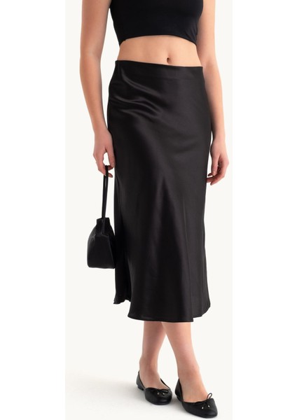 Kadın Kahverengi Saten Yüksek Bel Midi Etek Black