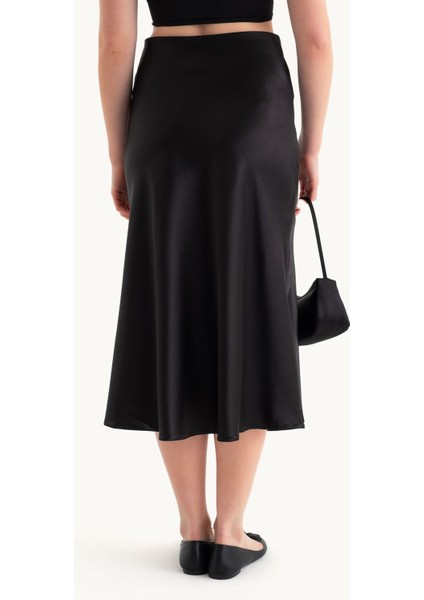 Kadın Kahverengi Saten Yüksek Bel Midi Etek Black