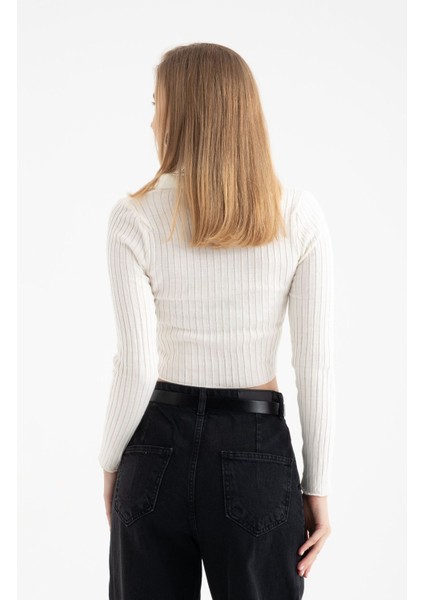 Kadın Polo Yaka Fitilli Fermuarlı Kırpılmış Hırka White