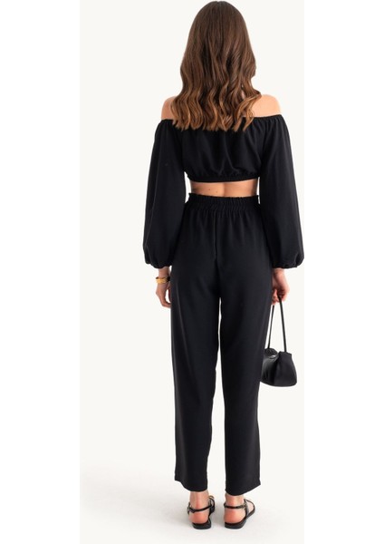 Kadın 2 Parça: Off Shoulder Balon Kollu Crop Top & Orta Yüksek Bel Düz Bacak Pantolon Black