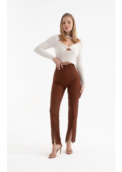 Kadın Tekne Yaka Ruched Göğüs Detaylı Kesikli Uzun Kol Bluz White