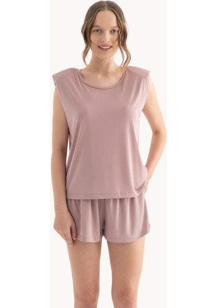 Kadın Yuvarlak Yakalı Ham Kenar Kolsuz Tank Top Pink