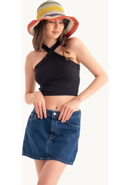 Kadın Askılı Boyun Çapraz Ön Crop Top Natural