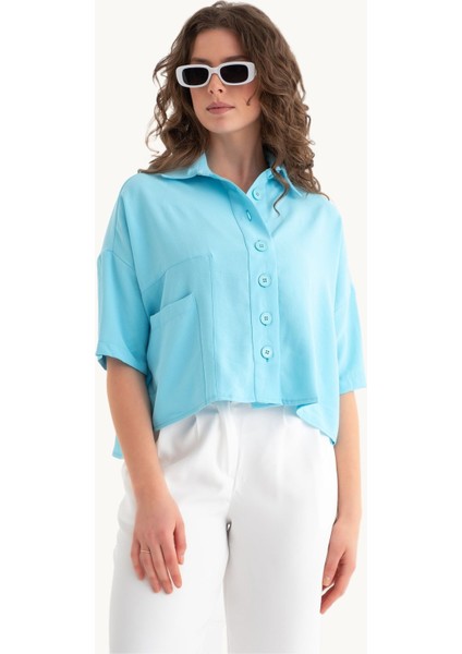 Kadın Düğme Detaylı Cep Gömlek Blue