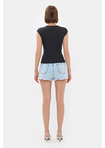 Kadın Temel Dokuma Bisiklet Yaka T-Shirt Siyah