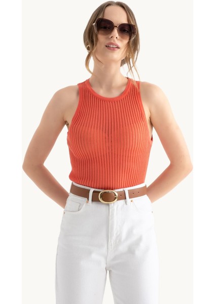 Kadın Yuvarlak Yakalı Fitilli File Tank Top Pink