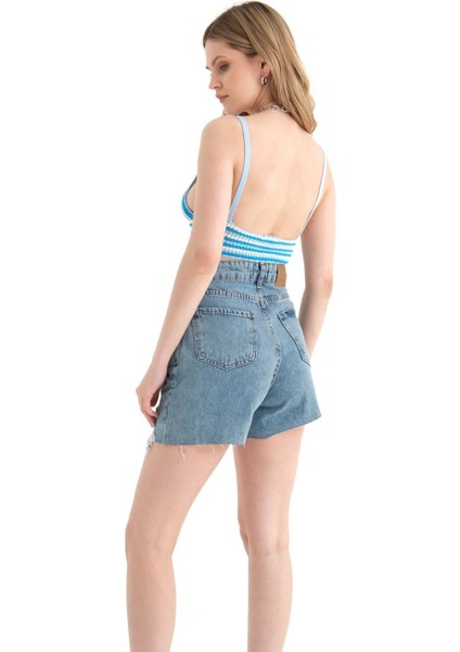 Kadın Şeritli V Yaka Örme Kroşe Crop Top Blue