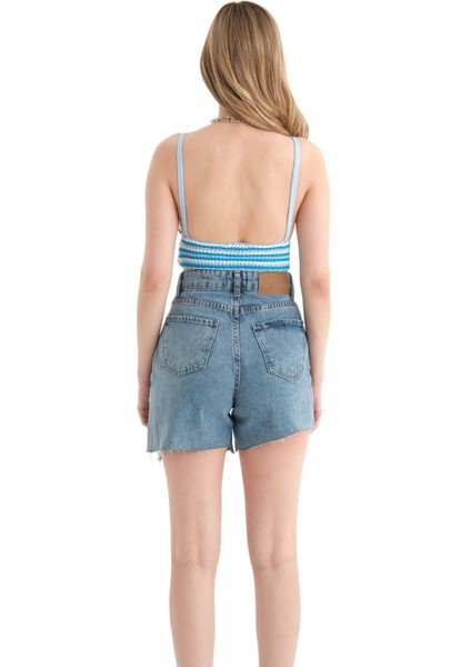 Kadın Şeritli V Yaka Örme Kroşe Crop Top Blue