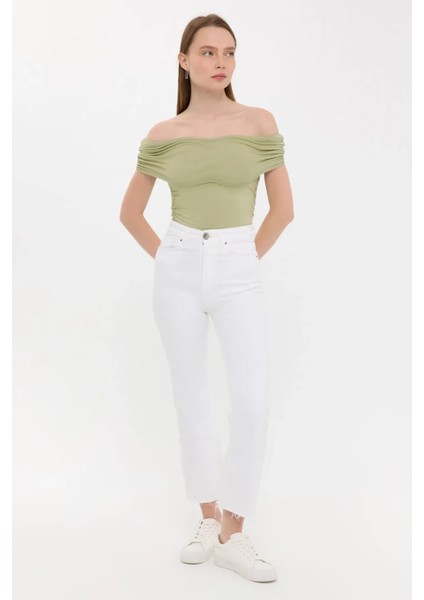 Kadın Omuzdan Askılı Büzgülü Vücut Şeklini Takip Eden Üst Green