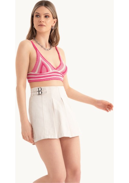 Kadın Şeritli V Yaka Örme Kroşe Crop Top Pink