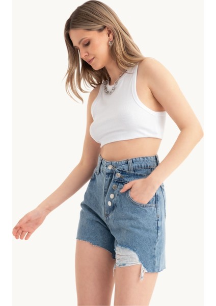 Kadın Düğme Detaylı Yüksek Bel Çift Katlı Jean Şort Denim