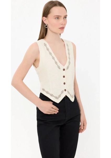 Kadın Desenli Kolsuz V Yaka Kürk Natural