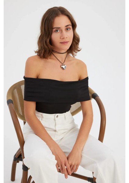Kadın Omuz Dışı Toplama Askılı Vücut Çorap Üst Black