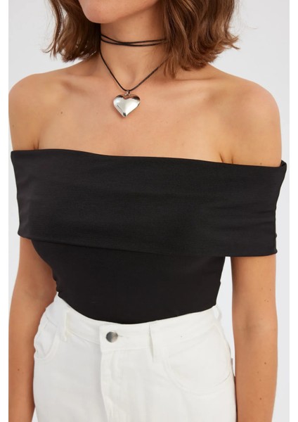 Kadın Omuz Dışı Toplama Askılı Vücut Çorap Üst Black