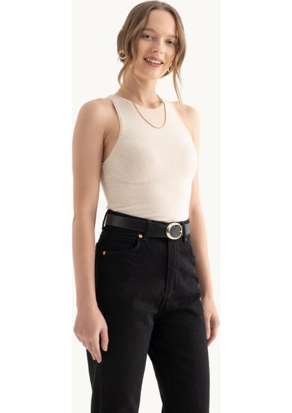 Kadın Sade Askılı Yaka Tank Üst Fildişi Doğal