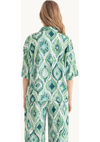 Kadın Dökümlü Kısa Kollu Saten Boho Gömlek Green