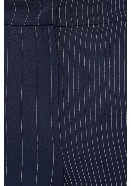 Kadın Çizgili Yüksek Bel Düz Bacak Pantolonlar Mavi