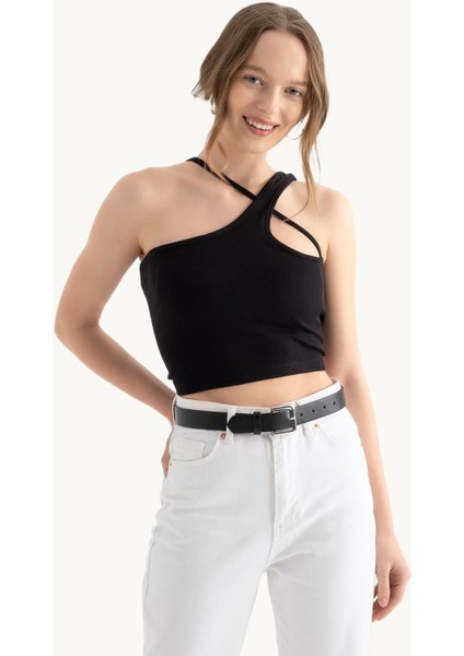 Kadın Tek Omuz Askısız Basic Crop Top Black