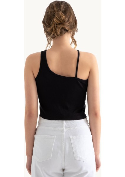 Kadın Tek Omuz Askısız Basic Crop Top Black