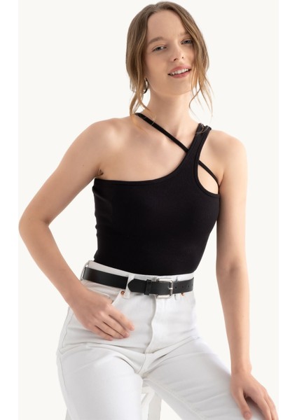 Kadın Tek Omuz Askısız Basic Crop Top Black