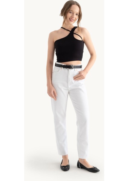 Kadın Tek Omuz Askısız Basic Crop Top Black