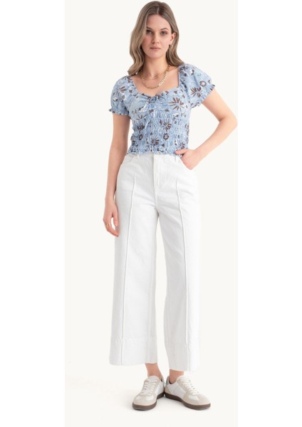 Kadın Çiçek Desenli Sweetheart Yaka Smokeli Üst Puf Kol İle Çok Renkli