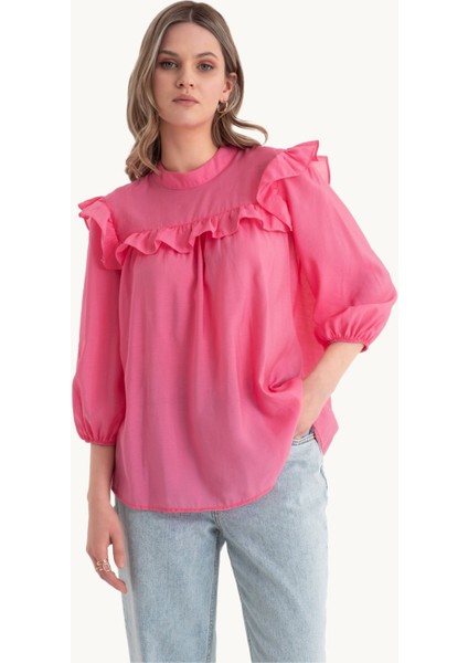 Kadın Yuvarlak Yaka Bol Bluz Red