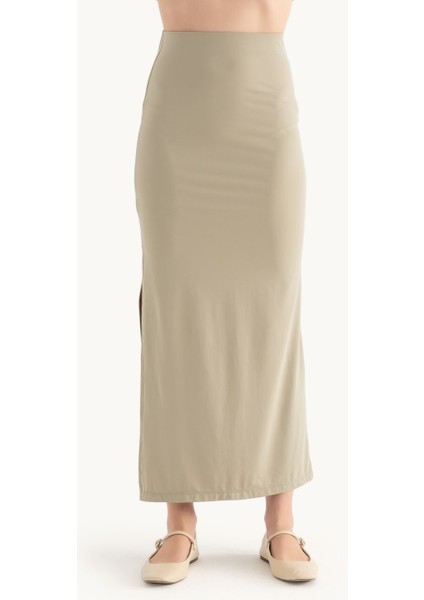 Kadın Yan Yırtmaçlı Yüksek Bel Maxi Etek Green